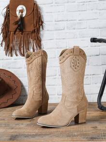 Women's Vintage Rivet Totem Embroidery Chunky Heel Western Boots, Suede 6.5cm High Heel Mid-Calf Boots, Fashionable Women Winter Boots - Apricot - View 5