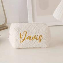 Cosmetic Bag, Square Pouch, Fluffy Pouch, Fluffy Cosmetic Bag, Portable Travel Clutch, White Fluffy Cosmetics, White Storage Bag, Bridesmaid Bag, Comfortable Travel Cosmetic Bag, Soft And Fluffy Storage Bag, Gift For Women, Customized Fluffy Cosmetic Bag Storage, Customized Name Fluffy Cosmetic Bag, Bride's Party Gift - White - View 2