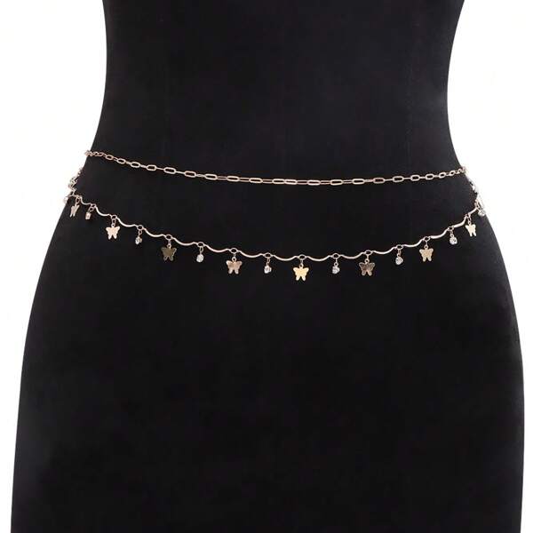 Sexy Tassel Butterfly Pendant Double Layer Waist Chain, Metal Body Jewelry For Women