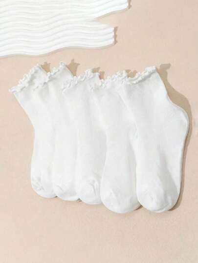 5pairs Japanese Sweet Simple British College Style Ins Mushroom Edge Middle Socks, Fall