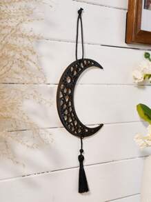 1 pieza Decoración colgante de forma de luna hueca hexagonal/octogonal de madera negra con borla negra, ornamentos colgantes creativos modernos de madera negra, disponible en varios estilos, adecuado para fiestas, decoración de pared, regalos decorativos, hogar, accesorios de arte