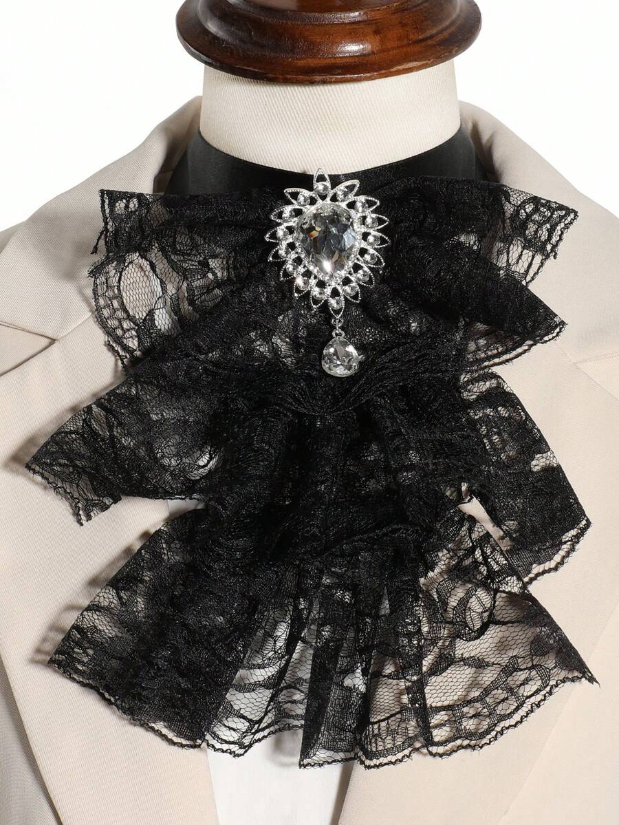 1 件女士时尚复古白色/黑色多层荷叶边蕾丝水钻仿宝石装饰可拆卸领口胸针，适合舞台表演、约会、派对、西装搭配