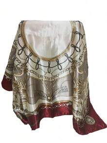 1pc Women Fashion Chain & Rope Print 90cm Square Scarf, Versatile Printed Bandana Shawl, Spring & Autumn - Burgundy - View 3