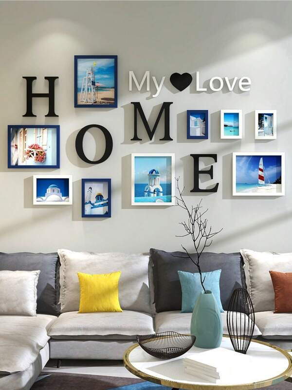 Creative Wall Frame Photo Gallery Art Combination Background Wall, 9-Piece Set For Living Room, Print Landscape Photo, Frameless Print "HOME" Letter Decor