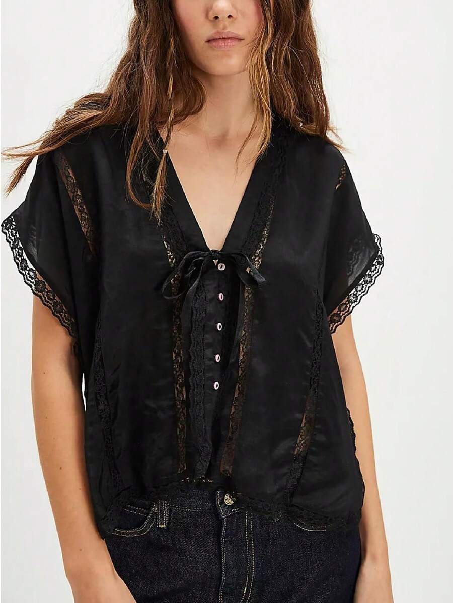 Women People Y2k Sheer Lace Trim Frees Button Up Tank Tops Cute Front Tie Up V Neck Going Out Blouse Shirts Vest Summer - màu đen - Xem 1