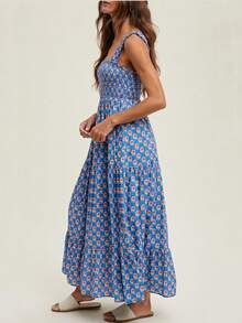 Women Square Neck Sleeveless Boho Floral Maxi Dress Spaghetti Strap Flowy Tiered Long Dresses Beach Strappy Sundress Dark