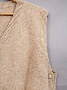 Plus Size Solid Color V-Neck Button Loose Casual Knit Pullover Sweater - Khaki - View 5