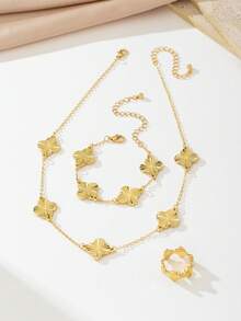 1 件花形项链、1 件花形手链、1 件花形戒指，时尚休闲四叶草花形首饰套装