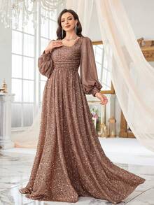 UNITHORSE 女士优雅灯笼袖腰部褶皱亮片长款派对连衣裙，适合婚礼宾客、正式场合、晚宴、婚纱、生日礼服、毕业典礼、秋季和春季穿着。 - 咖啡棕 - 查看 4