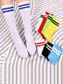 3 pares de calcetines finos a rayas para niños, calcetines deportivos casuales para niños y niñas, calcetines hasta el gemelo para estudiantes - Multicolor - Ver 5