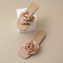 Women Floral Slip-On Slippers, Fashion Flat Strap Summer Sandals - Khaki - View 7
