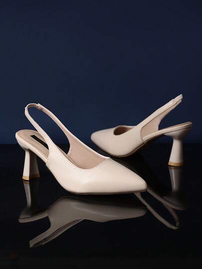 1 par flicksandaler i elfenben med hög klack, enfärgat PU-material, elastiskt ankelband, spetsig tå, stilettklack, elegant kilsula, lämplig för fest, shopping, resor, semester, sommar Ny ankomst