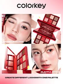 COLORKEY 9-Color Limited Edition Eyeshadow Palette, Red, Shimmery Eyeshadow Palette, High Color Payoff, Eyeshadow, Brightens Eyes, Glitter, Finely Milled Pearlescent, Easy To Use, Smooth Blendable Eyeshadow, Makeup Brand Product, Suitable For Women And Girls, Ideal For Autumn/Winter, Can Create Latte, Y2K, 90s, Cool Girl Makeup Looks, Lip Makeup Pairing, Bridal Makeup, Valentine's Day Gift - 9-Shade Eyeshadow Palette - 查看 8