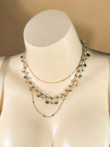 1pc 3-Layer Blue Zirconia & Golden Shell Necklace, Unique Design Delicate Jewelry - Blue - View 1