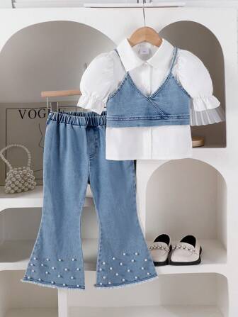 年轻女孩夏季时尚优雅荷叶边领衬衫短袖白色 T 恤套装 & 牛仔背心 & 珍珠喇叭牛仔裤套装，适合日常、度假、通勤、户外、学校