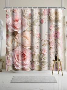 1 件复古花卉防水浴帘，玫瑰印花，粉色和米色，装饰性浴室窗帘带挂钩，100% 涤纶防水面料，适用于酒店、公寓、家居，35 英寸 X70 英寸、47 英寸 X70 英寸、59 英寸 X70 英寸、70 英寸 X70 英寸家居浴室装饰夏季