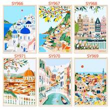6pcs/Set Frameless Digital Oil Painting 25x35cm With Paints And Brushes, DIY Acrylic Paint Set For Beach Castle Easy Painting, Art And Crafts For Home Room Decoration, Best Stress Relief Gift, Suitable For Beginner Adults