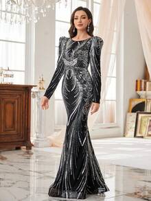 UNITHORSE [随机剪裁] 女士闪亮亮片圆领蝴蝶袖露背美人鱼晚会礼服，正式礼服，适合婚礼宾客 - 銀色 - 查看 3