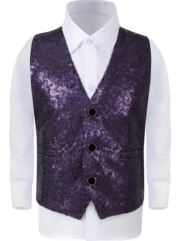 Men's Shiny Purple V-Neck Tank Top Set, No Bowknot, 100% Polyester Solid Color Party Tank Top, Regular Fit, Suitable For Wedding Suit Jacket, Non-Stretchy Fabric
