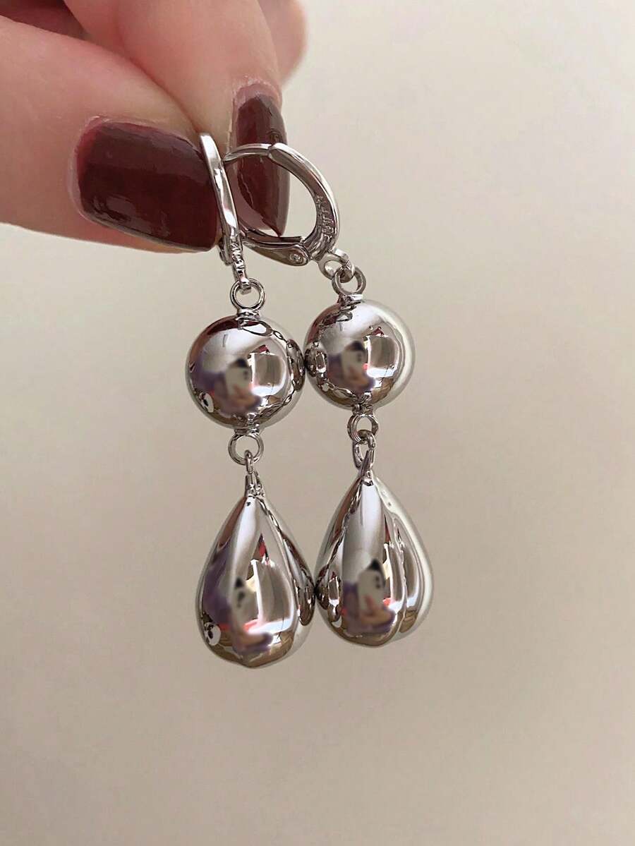 1 Pair Metal Ball Long Drop Earrings, Minimalist & Versatile For Commuting, Parties And Evening Events - Silver - View 1