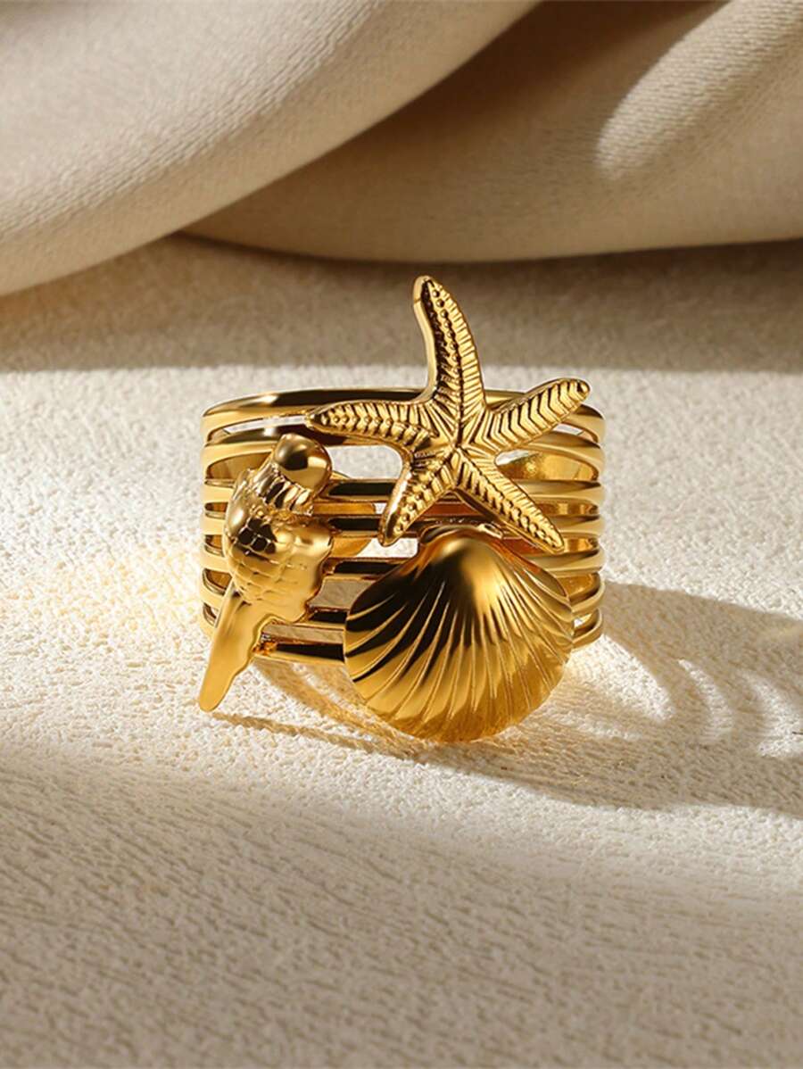 1pc Stainless Steel Beach Starfish, Shell, Seashell Design Ring, Suitable For Women As Daily Accessory, Vacation Wear, Dating, Gift