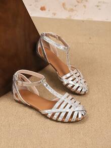 Women's Hollow-Out Flat Sandals, T-Strap Roman Shoes, Criss-Cross Design, Silver Color, Comfortable Beach Shoes For Summer - Silver - View 5