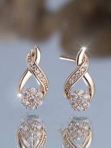 1 对设计奢华优雅十字圆花全锆石女式耳钉耳环，生日、周年纪念、节日礼物 - 白色 - 查看 2