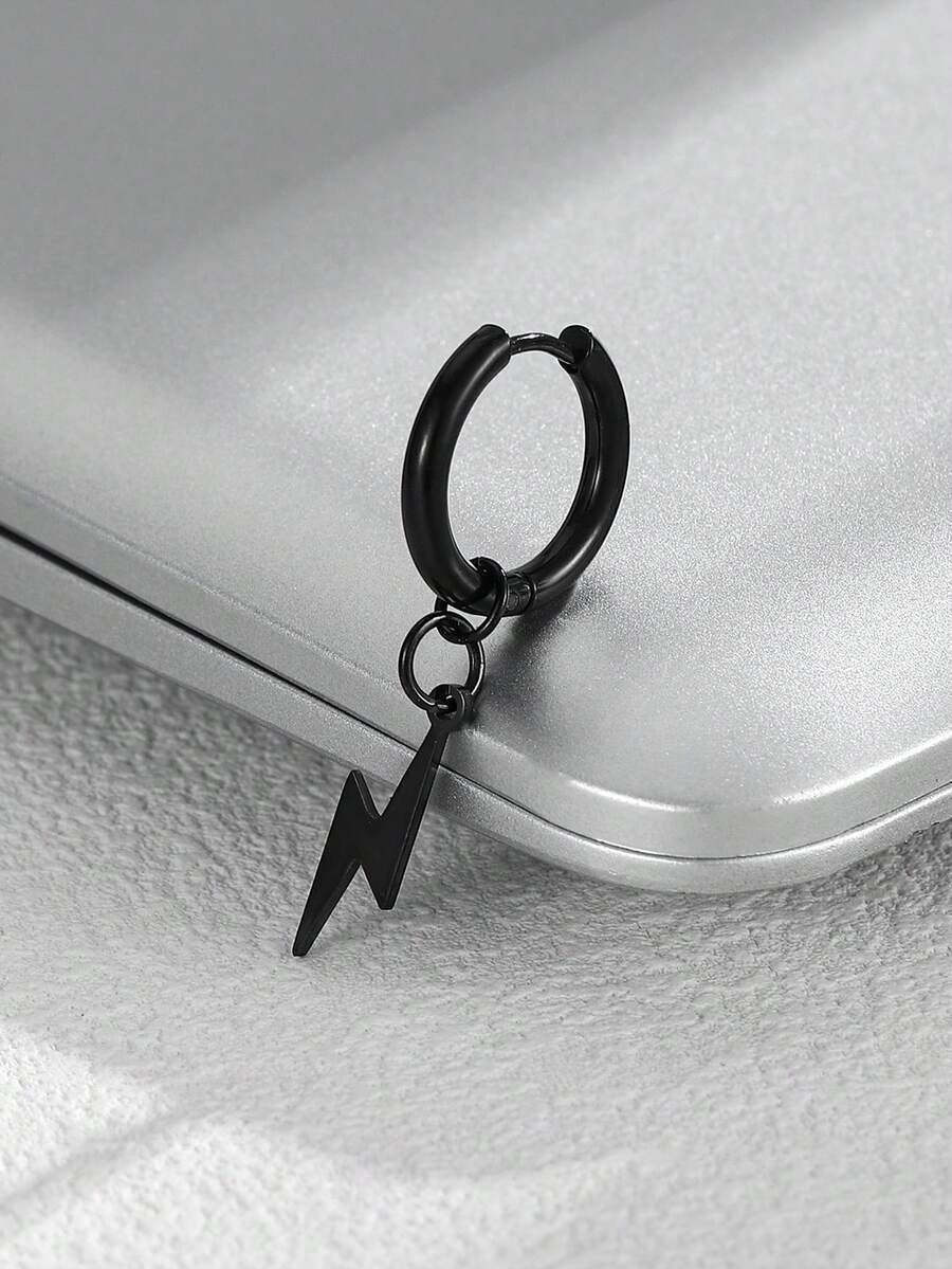 1 件男士不锈钢闪电吊坠和耳环套装，时尚珠宝 - 黑色 - 查看 1