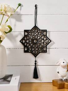 1 pieza Decoración colgante de forma de luna hueca hexagonal/octogonal de madera negra con borla negra, ornamentos colgantes creativos modernos de madera negra, disponible en varios estilos, adecuado para fiestas, decoración de pared, regalos decorativos, hogar, accesorios de arte