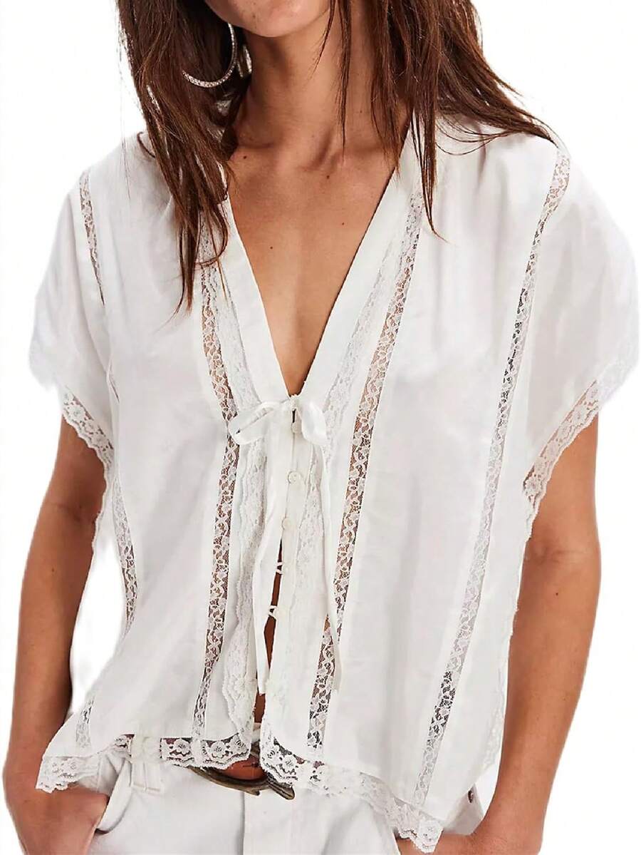 Women People Y2k Sheer Lace Trim Frees Button Up Tank Tops Cute Front Tie Up V Neck Going Out Blouse Shirts Vest Summer - 白色 - 查看 1