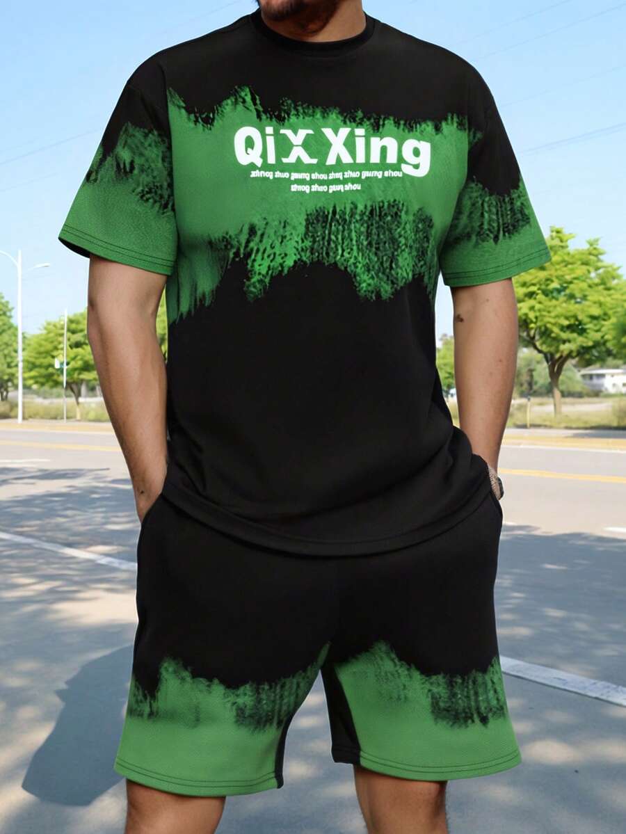 2 件男士休闲 T 恤和短裤套装，宽松时尚街头服饰，夏季 - 黑色 - 查看 1