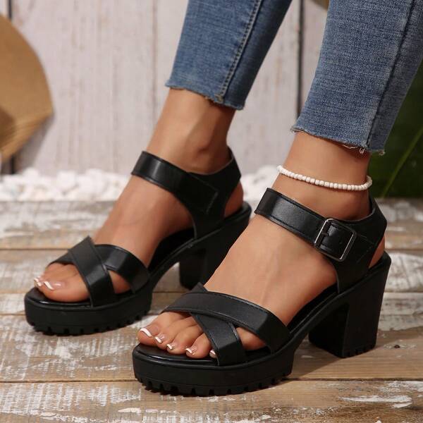 Women's High Heel Sandals, Black High Heel Sandals, Solid Color Versatile Formal Shoes, Party Shoes, Dress Shoes, Work Shoes, Casual Slippers, Elegant Bohemian Fashion Women High Heel Sandals