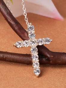 Silver Full Diamond Cross Necklace Simple Casual Pendant Necklace 2 Colors Available - Silver - View 3