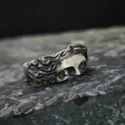 1 pieza Anillo con máscara de Venus vintage tallada, diseño de banda abierta, regalo único para hombres, adecuado para propuesta, Día del Padre