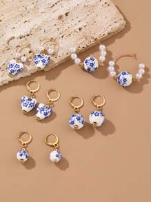 1 Pair Vintage Handpainted Blue And White Porcelain Beaded Earrings, Elegant Dangle Earrings For Women