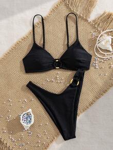 Women's Solid Color Metal Ring Detachable Strap Bikini Set, Summer - Black - View 2