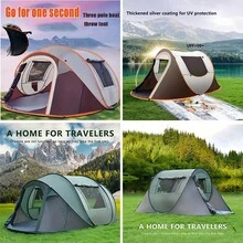 Wygodny namiot kempingowy, automatycznie otwierany namiot kopułowy, zewnętrzny namiot kopułowy z powłoką srebrną, chroniący przed słońcem, przenośny namiot plecakowy, łatwy w rozstawianiu – automatycznie składany, tkanina Oxford, w zestawie linki zabezpieczające przed wiatrem i śledzie do mocowania w podłożu, do użytku przez cały rok, idealny na kemping lub piknik - Wielokolorowe - Zobacz 5