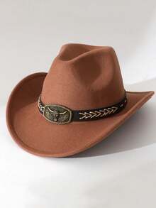 1 pieza Sombrero de vaquero estilo occidental con cinturón y hebilla de latón - Diseño rígido y protección solar, apto para fotos al aire libre, cosplay y Halloween, para mujeres - Adorno de cuerda de cáñamo de latón - Ver 11