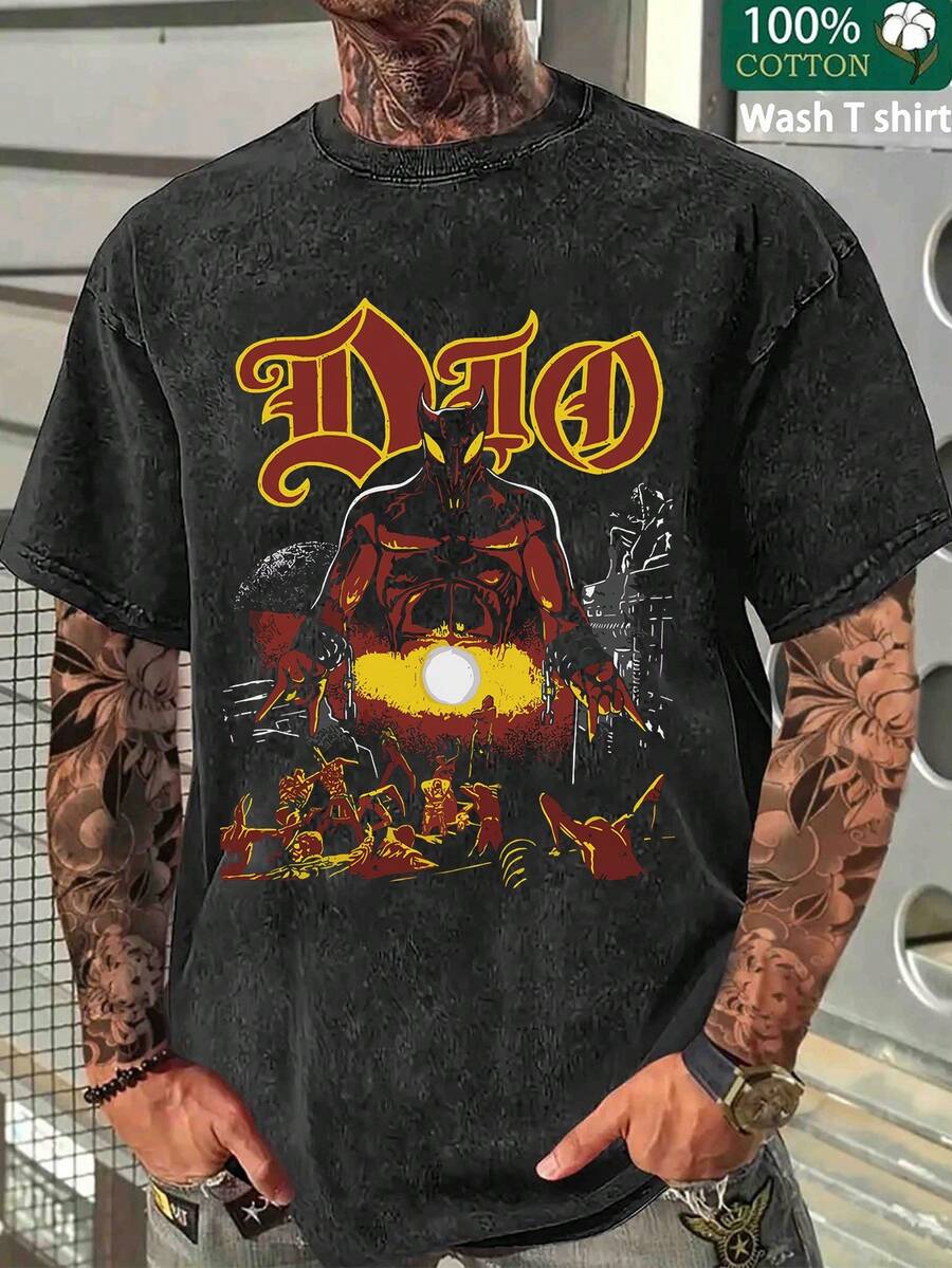 Ronnie James Dio Printed Cotton Solid Drop Shoulder T Shirts For Men Vintage Streetwear Basic Tees Baggy Hip Hop Unisex Tops Acid Wash T Shirt - Black - View 1