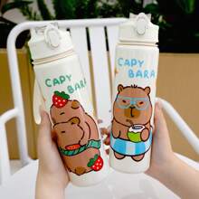 1pc 700ml/23.6oz Cute Cartoon Bear 3D Print Plastic Water Cup With Straw, Children Portable Mug With One-Click Flip Cover, Suitable For Outdoor Sports, Camping, Yoga, Picnics, School
