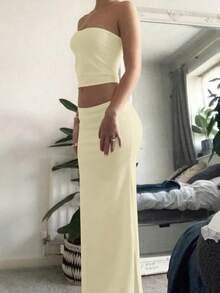 2件套时尚年轻女士性感甜美可爱毕业装，奶油黄色，毕业季，合身 - 杏色 - 查看 4