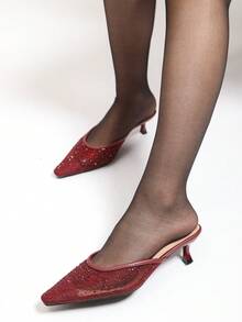 Summer New Fashion French Style High Heel Pointed Toe Crystal Rhinestone Mesh Slip-On Mule Sandals - Burgundy - View 3