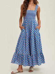 Women Square Neck Sleeveless Boho Floral Maxi Dress Spaghetti Strap Flowy Tiered Long Dresses Beach Strappy Sundress Dark