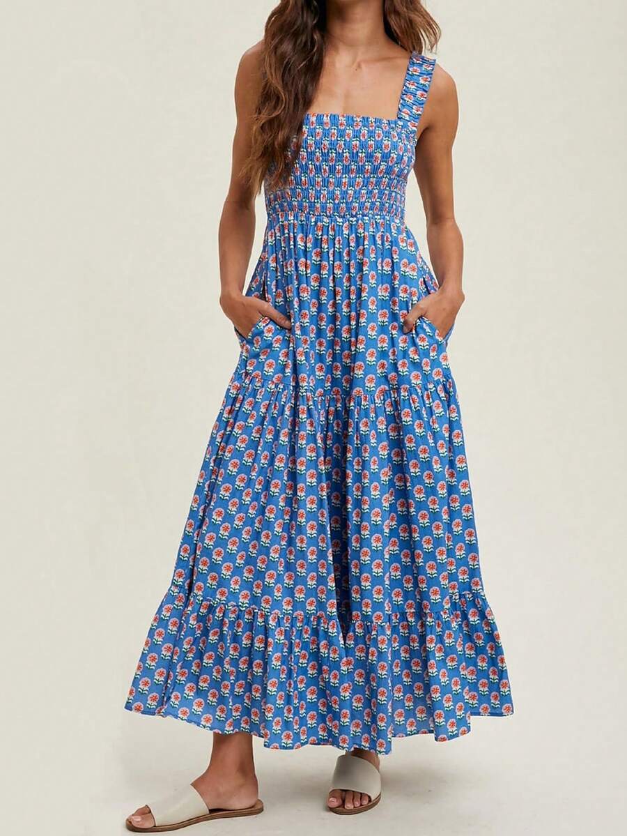Women Square Neck Sleeveless Boho Floral Maxi Dress Spaghetti Strap Flowy Tiered Long Dresses Beach Strappy Sundress Dark