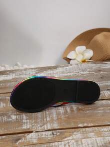 Vibrant, Flip-Flops With Abstract Fluid And Rainbow Patterns Composed Of Colorful Lines And Blocks, Presenting A Lively, Free, And Artistic Visual Effect. Comfortable And Fashionable Flat Slides For Casual Wear And Indoor Use - Multicolor - View 8