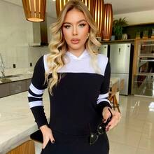 Two-Tone Cold Weather Set With Hood Comfy Crepe Knit Tracksuit - màu đen - Xem 2