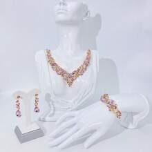 1 Set Luxury Elegant Earrings, Necklace And Bracelet Jewelry Set For Women, Inlaid With Artificial Gemstones, Suitable For Brides, Wedding, Banquets, And Parties - Green - View 1