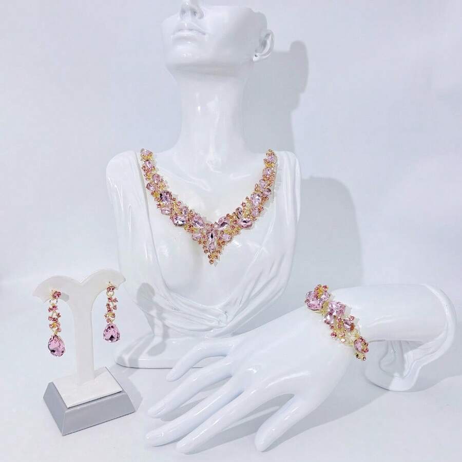 1 Set Luxury Elegant Earrings, Necklace And Bracelet Jewelry Set For Women, Inlaid With Artificial Gemstones, Suitable For Brides, Wedding, Banquets, And Parties - Green - View 1