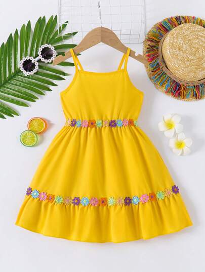 Summer Girls Cute Floral Lace Trim Solid Color Camisole Backless Patchwork Cake Dress