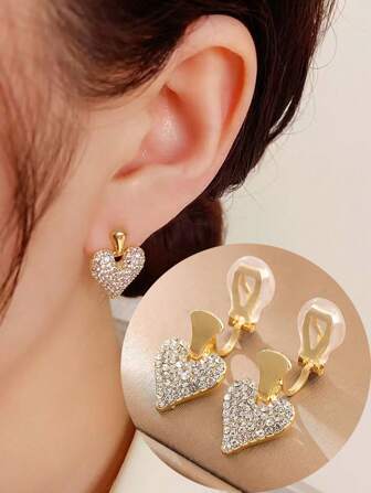 1 Pair Fashionable Crystal Heart Earrings For Women, Clip On Earrings With Elegant Vibe, Suitable For Everyday Wear And Gifting